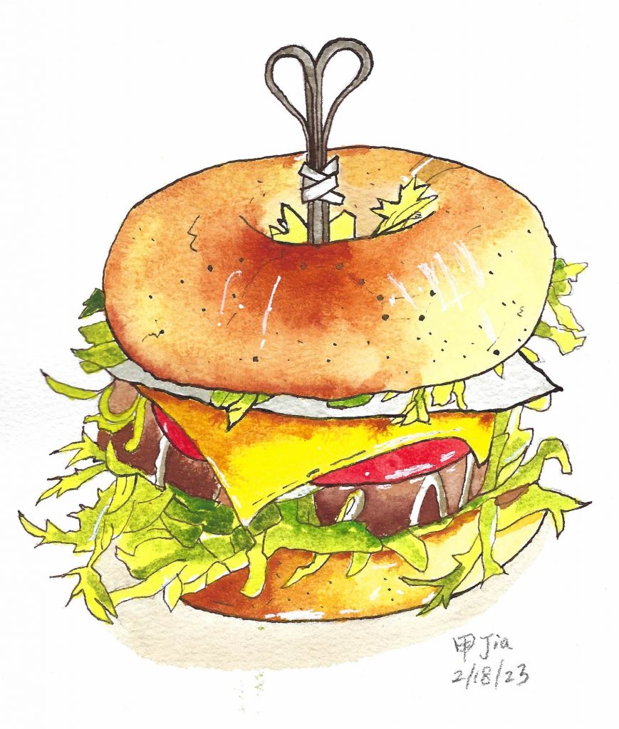 Drawing of a bagel burger